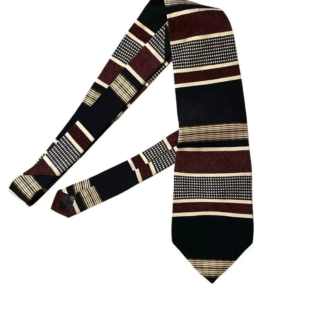 John Henry 100% Silk Tie Beige Black Burgundy Striped Made in USA Vintage NWT